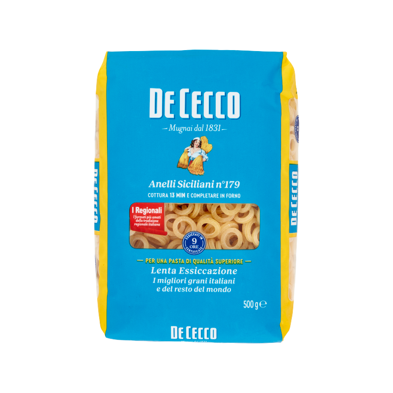 De Cecco n. 179 Sicilian ring semolina pasta / pasta di semola anelli siciliani De Cecco n. 179 Sicilian ring semolina pasta / pasta di semola anelli siciliani short pasta 17.64 oz / 500 gr